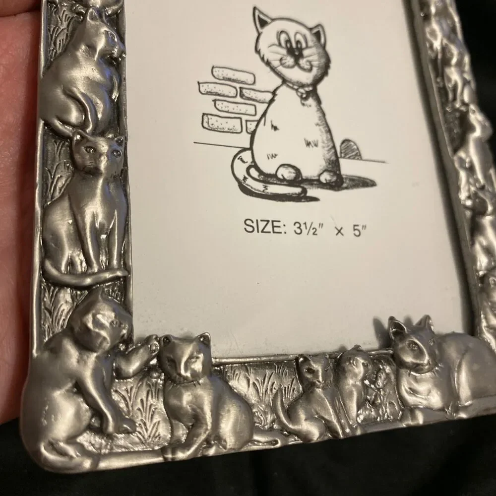Vintage Pewter Metal Cat Picture Photo Frame Family Of Cats Kittens Playing Cute